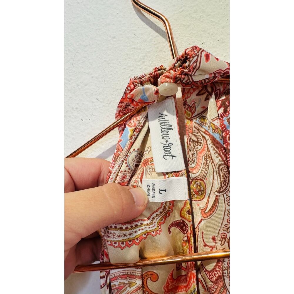 WILLOW & ROOT Taupe Pink Blue Paisley Satin Cropped Halter V-Neck Halter Top L - Picture 9 of 9